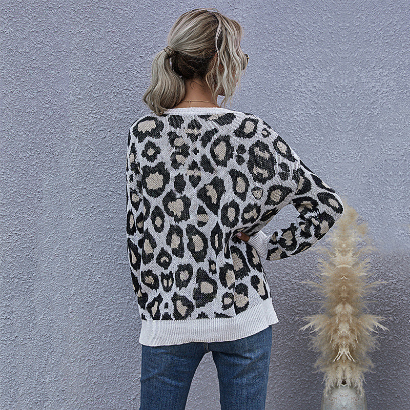 Damen Grobgestrickter V-Neck Pullover mit Oversize‑Silhouette und Statement‑Leoprint Drune