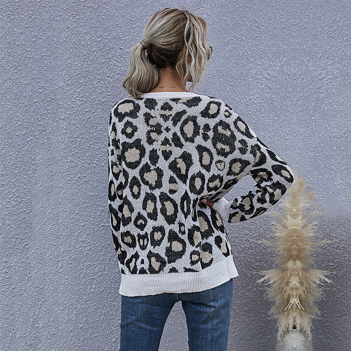 Damen Grobgestrickter V-Neck Pullover mit Oversize‑Silhouette und Statement‑Leoprint Drune