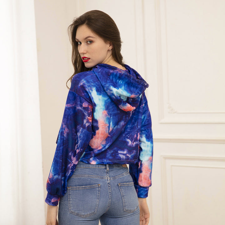 Damen Kurzschnitt‑Kapuzenpullover im Batik‑Look mit Kordelzug und überschnittener Schulter Drune
