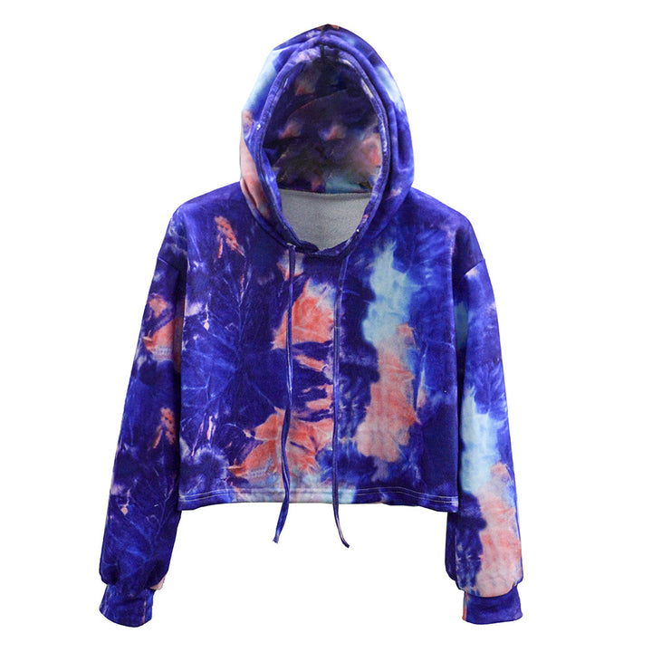 Damen Kurzschnitt‑Kapuzenpullover im Batik‑Look mit Kordelzug und überschnittener Schulter Drune