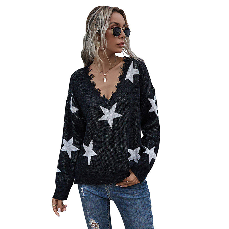 Damen Grobstrick-Pullover mit Sternenjacquard, ausgefranster V-Ausschnitt und lässiger Longline-Silhouette Drune