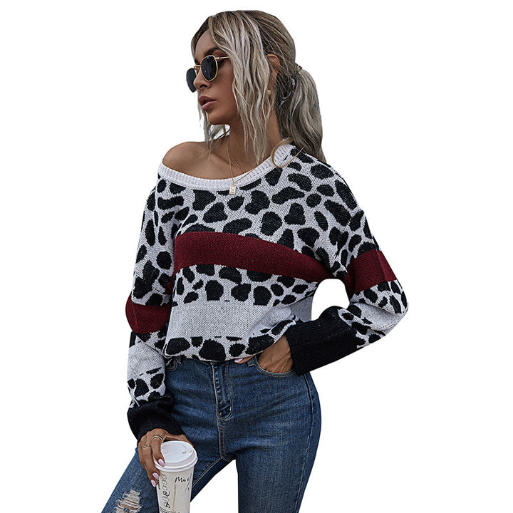 Damen Oversize-Strickpullover mit Leo-Jacquard, Colorblock-Streifen & gerippten Abschlüssen Drune