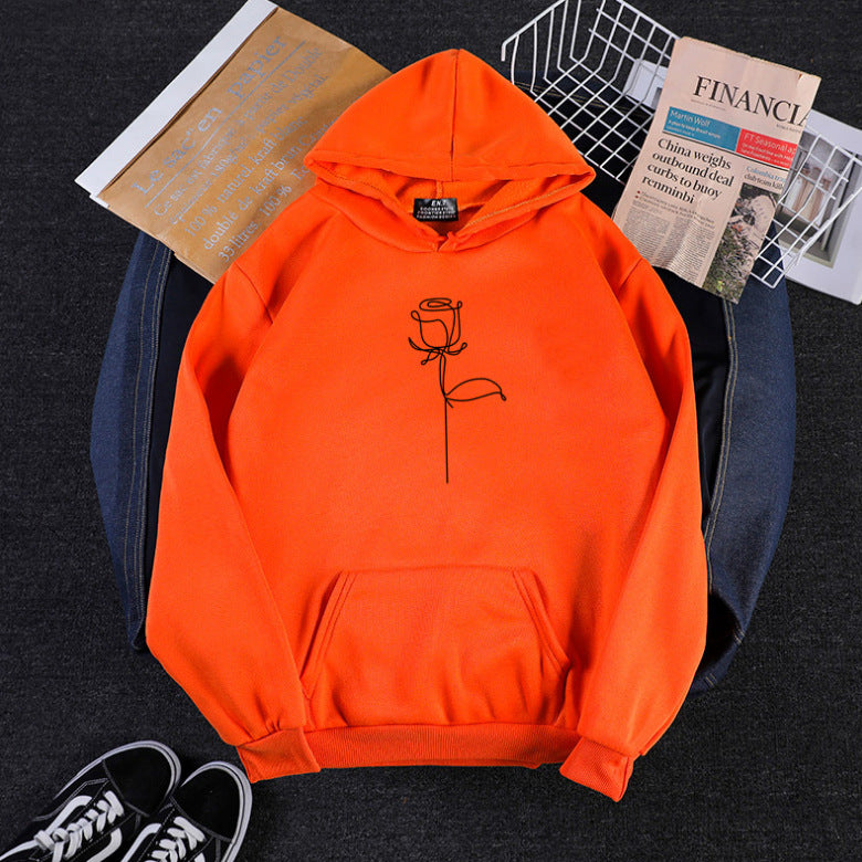 Unisex nan Kapuzenpullover mit minimalistischer Rosenlinien-Illustration, Kängurutasche und angerautem Innenfutter Drune