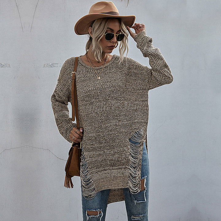 Damen Oversize-Longpullover mit Fransen-Schlitzen und High‑Low-Saum Drune