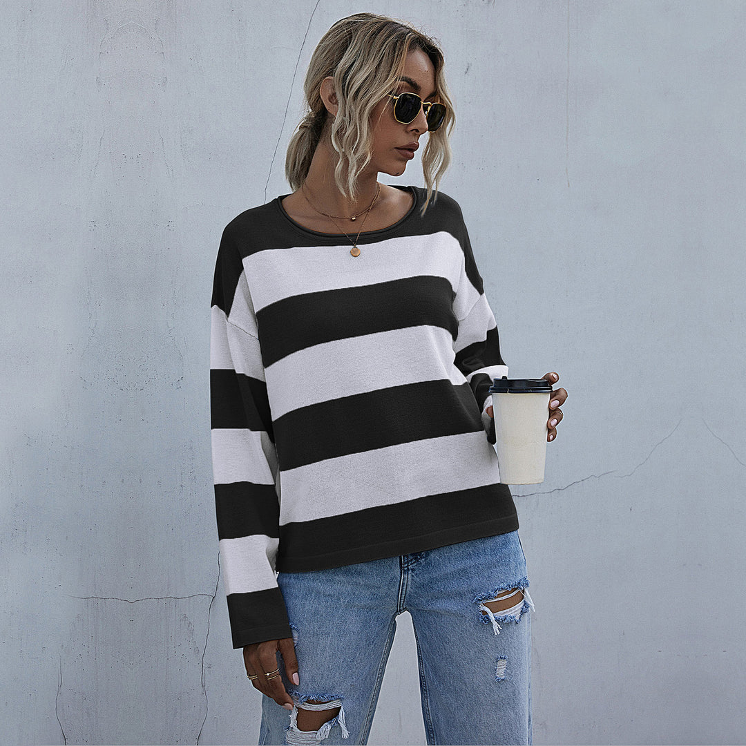 Damen Lockerer gestreifter Pullover mit Carmen-Ausschnitt und Oversize-Schnitt Drune