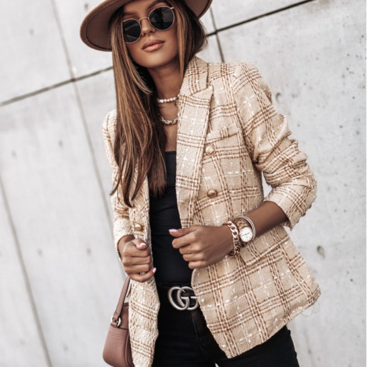 Damen Tweed Blazer im klassischen Karomuster mit goldenen Knöpfen Drune