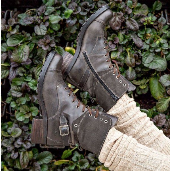 Damen nan knöchelhohe Schnürstiefel mit Velourskragen, dekorativer Schnalle und dämpfender Profilsohle Drune