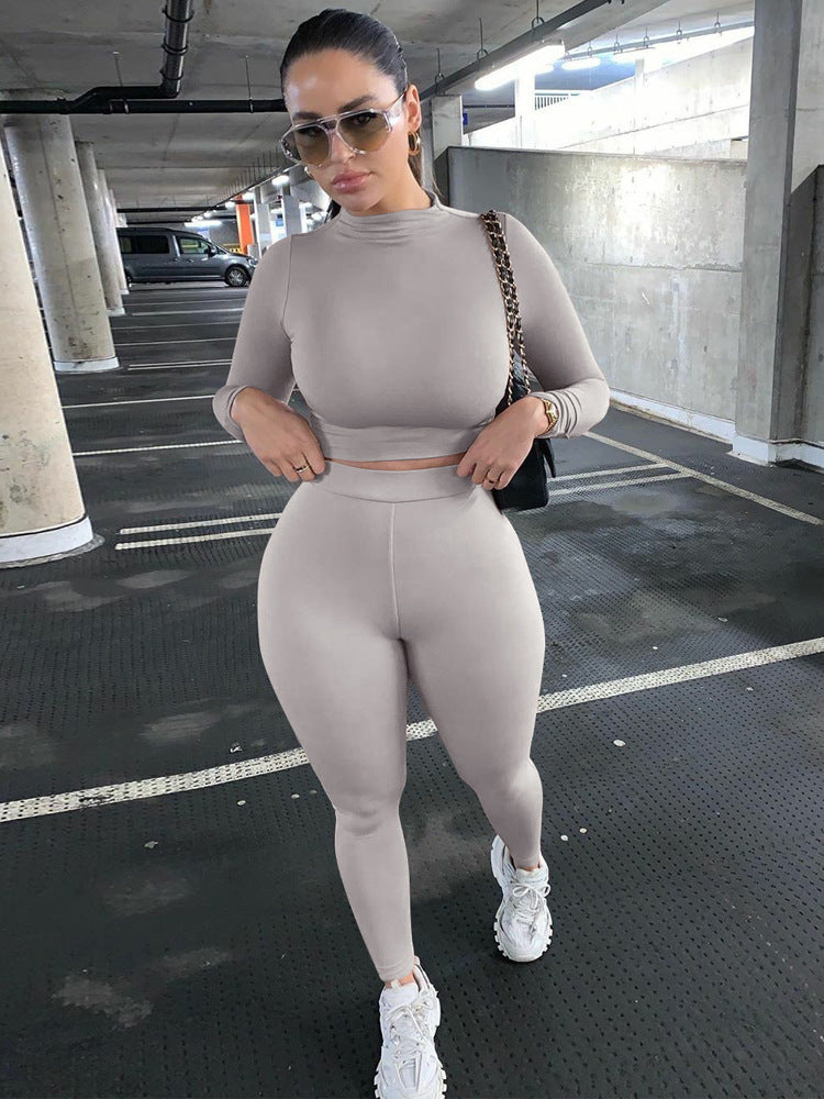 Damen Figurbetontes Sport-Zweiteiler-Set mit Langarm-Crop-Top und hochtaillierten Leggings Drune