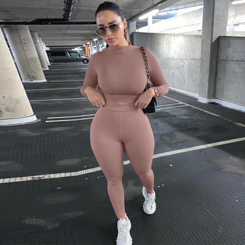Damen Figurbetontes Sport-Zweiteiler-Set mit Langarm-Crop-Top und hochtaillierten Leggings Drune