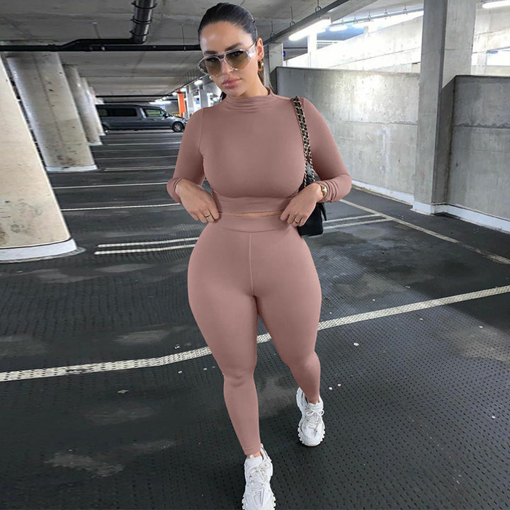 Damen Figurbetontes Sport-Zweiteiler-Set mit Langarm-Crop-Top und hochtaillierten Leggings Drune