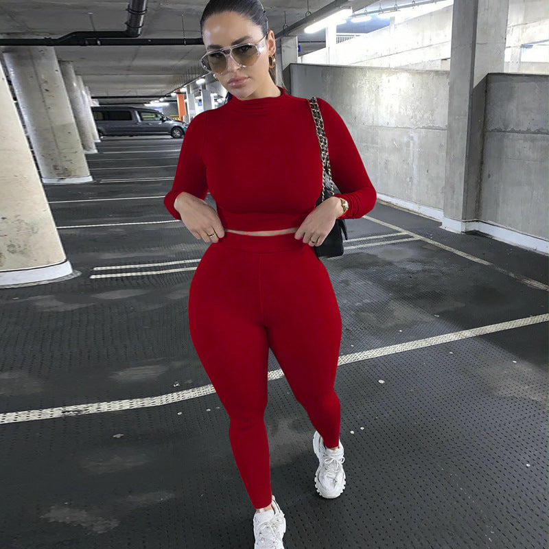 Damen Figurbetontes Sport-Zweiteiler-Set mit Langarm-Crop-Top und hochtaillierten Leggings Drune