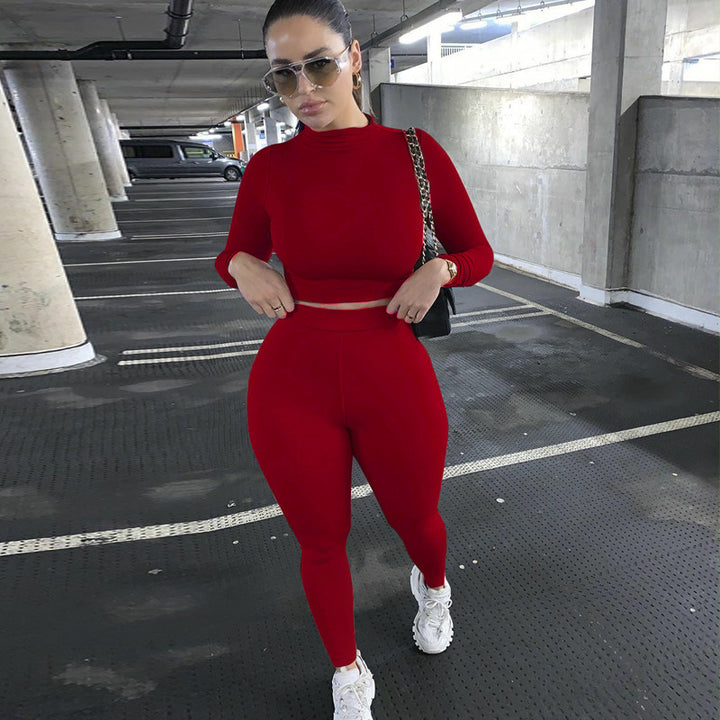 Damen Figurbetontes Sport-Zweiteiler-Set mit Langarm-Crop-Top und hochtaillierten Leggings Drune