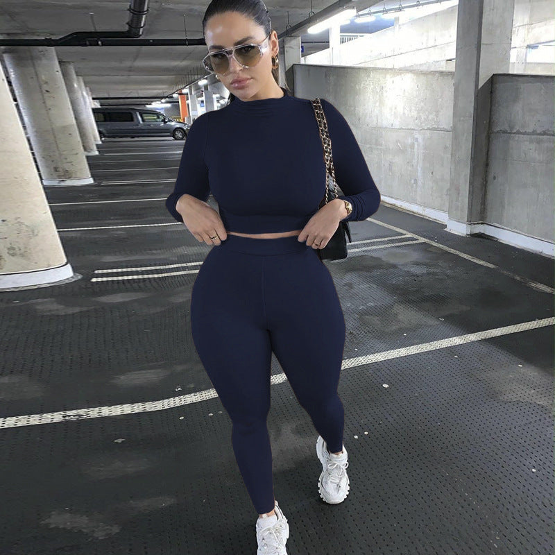 Damen Figurbetontes Sport-Zweiteiler-Set mit Langarm-Crop-Top und hochtaillierten Leggings Drune