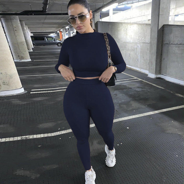 Damen Figurbetontes Sport-Zweiteiler-Set mit Langarm-Crop-Top und hochtaillierten Leggings Drune