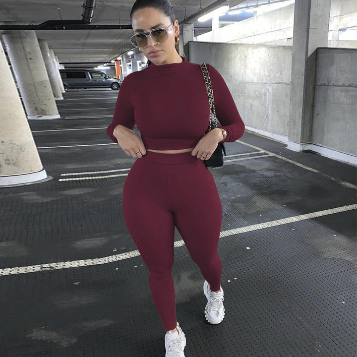 Damen Figurbetontes Sport-Zweiteiler-Set mit Langarm-Crop-Top und hochtaillierten Leggings Drune