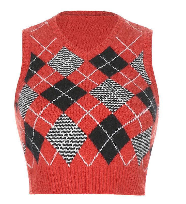 Damen ärmelloses Strickoberteil im modischen Argyle-Muster Drune