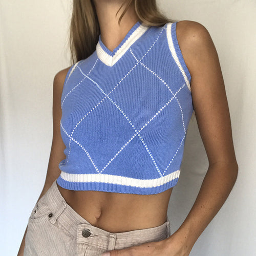 Damen gestricktes Crop-Top mit Rautenmuster und V-Ausschnitt Drune