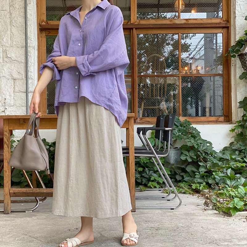 Damen Leichte Oversize-Leinenbluse mit Hemdkragen und abgerundetem Saum Drune