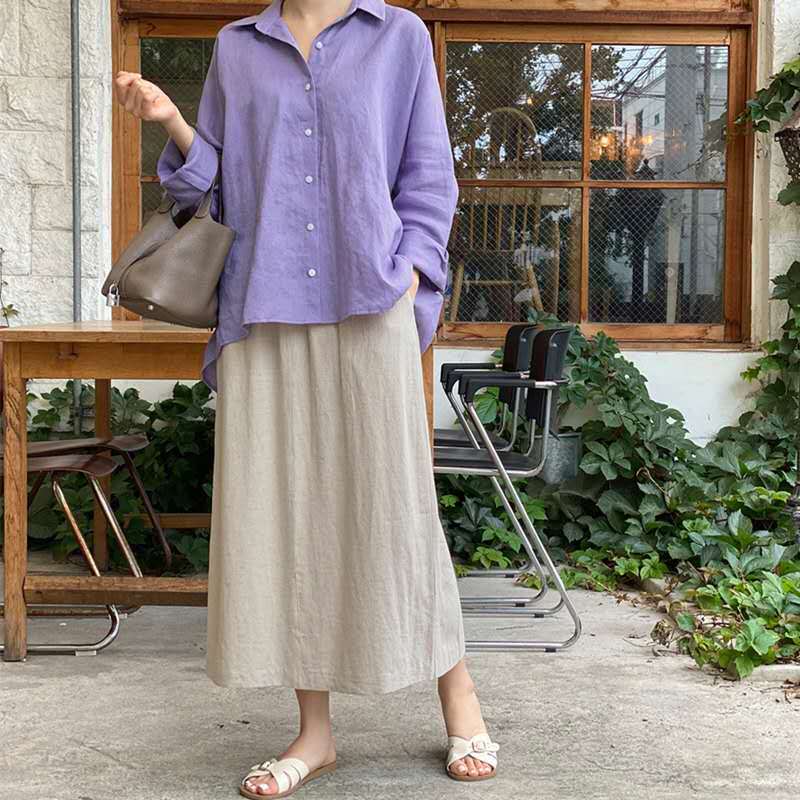 Damen Leichte Oversize-Leinenbluse mit Hemdkragen und abgerundetem Saum Drune