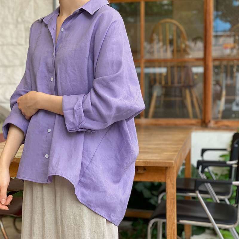 Damen Leichte Oversize-Leinenbluse mit Hemdkragen und abgerundetem Saum Drune