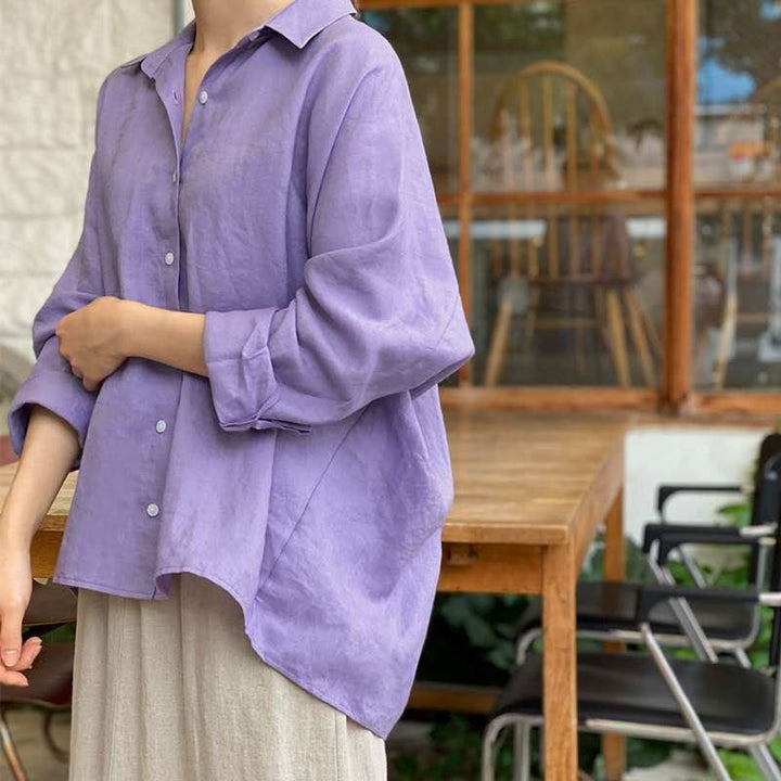 Damen Leichte Oversize-Leinenbluse mit Hemdkragen und abgerundetem Saum Drune