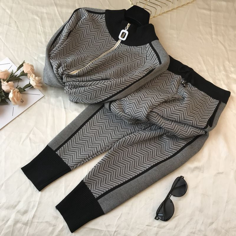 Damen modisches Strick-Loungewear-Set mit geometrischem Muster und elegantem Reißverschluss Drune