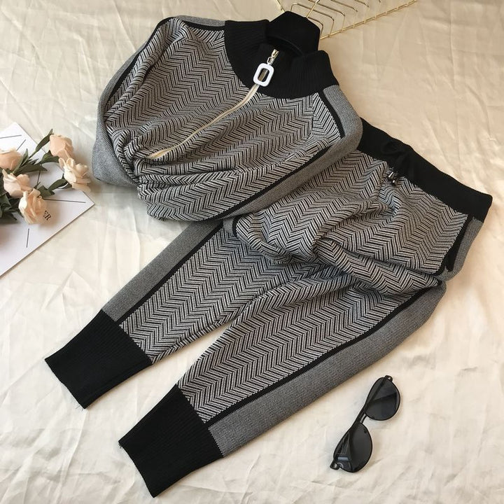 Damen modisches Strick-Loungewear-Set mit geometrischem Muster und elegantem Reißverschluss Drune