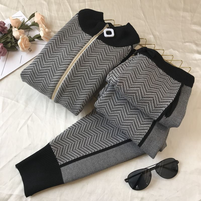 Damen modisches Strick-Loungewear-Set mit geometrischem Muster und elegantem Reißverschluss Drune