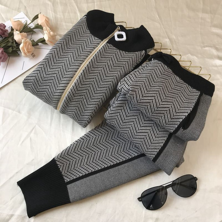 Damen modisches Strick-Loungewear-Set mit geometrischem Muster und elegantem Reißverschluss Drune