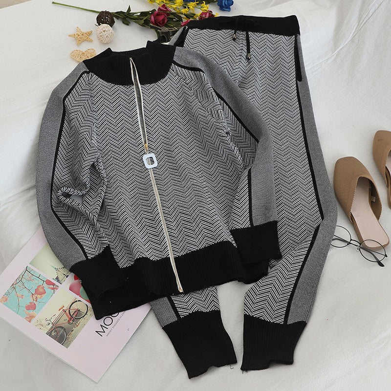 Damen modisches Strick-Loungewear-Set mit geometrischem Muster und elegantem Reißverschluss Drune