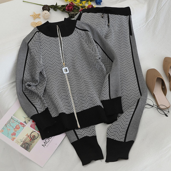 Damen modisches Strick-Loungewear-Set mit geometrischem Muster und elegantem Reißverschluss Drune