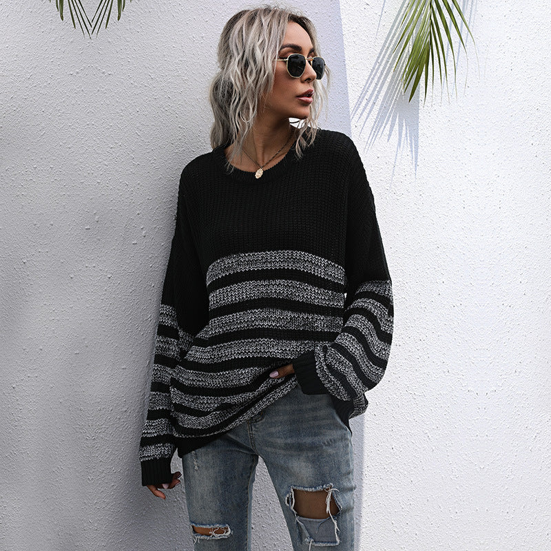 Damen Oversize-Feinstrickpullover mit Rundhalsausschnitt und gestreiftem Struktur‑Muster Drune