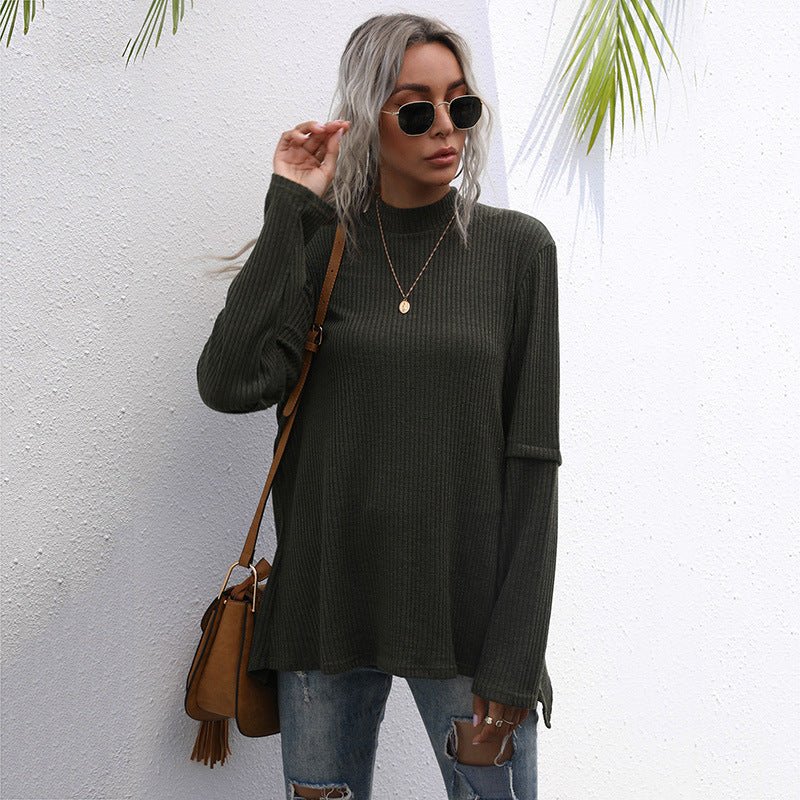 Damen Oversize Waffelstrick-Pullover mit Stehkragen und verlängerten Ärmeln Drune