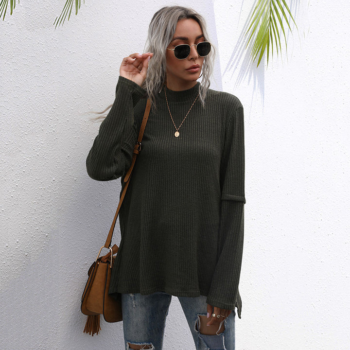 Damen Oversize Waffelstrick-Pullover mit Stehkragen und verlängerten Ärmeln Drune