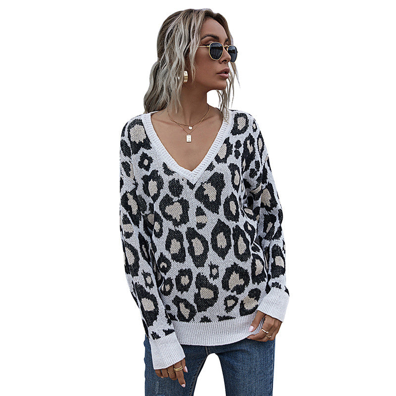 Damen Grobgestrickter V-Neck Pullover mit Oversize‑Silhouette und Statement‑Leoprint Drune