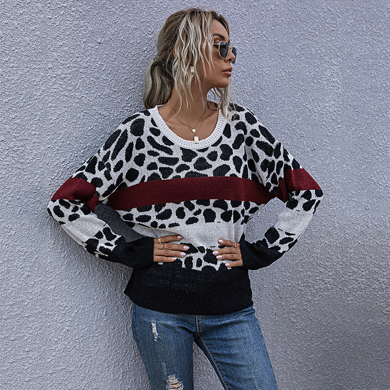 Damen Oversize-Strickpullover mit Leo-Jacquard, Colorblock-Streifen & gerippten Abschlüssen Drune