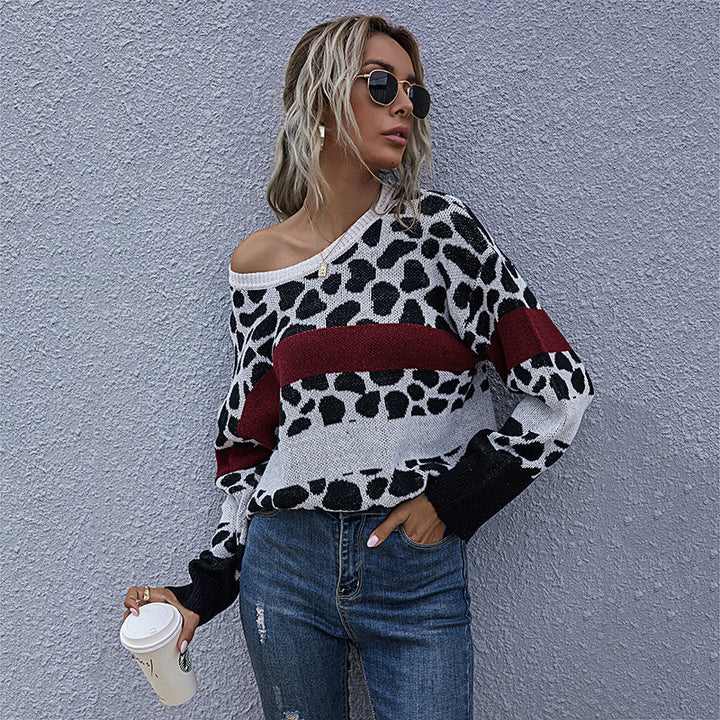 Damen Oversize-Strickpullover mit Leo-Jacquard, Colorblock-Streifen & gerippten Abschlüssen Drune