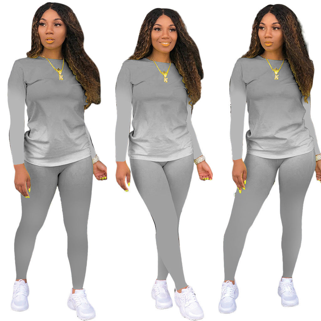 Damen Sportliches zweiteiliges Set mit Langarm-Ombre-Shirt und Highwaist-Leggings Drune