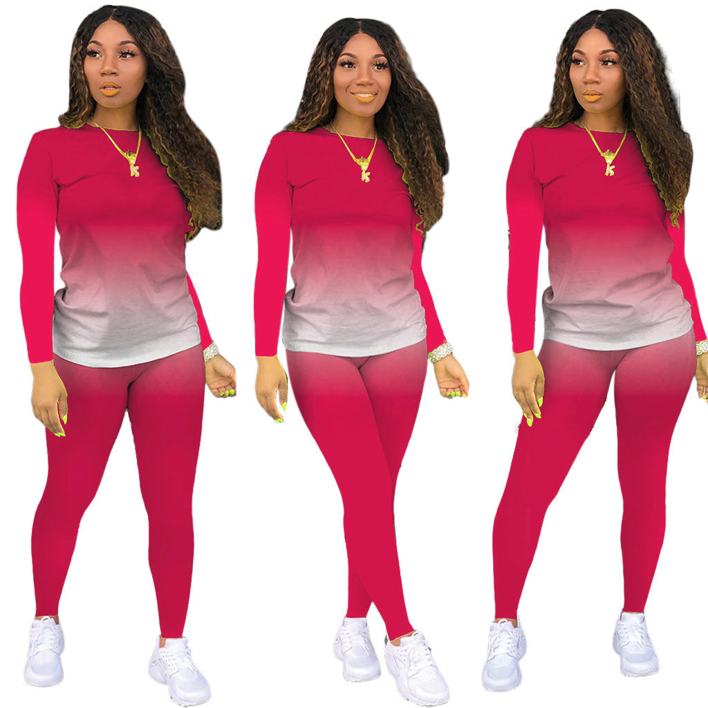 Damen Sportliches zweiteiliges Set mit Langarm-Ombre-Shirt und Highwaist-Leggings Drune