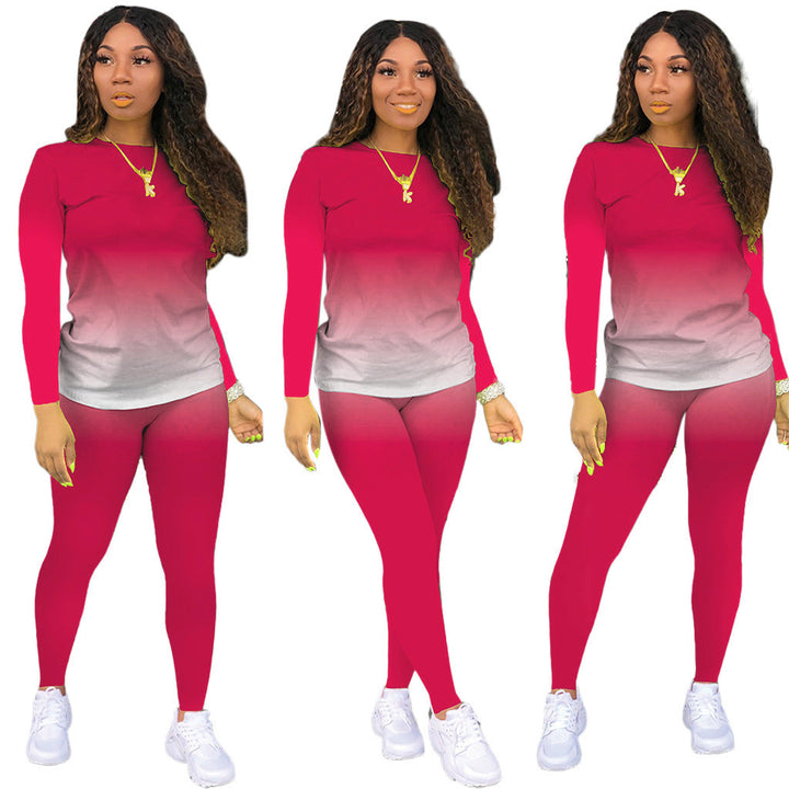 Damen Sportliches zweiteiliges Set mit Langarm-Ombre-Shirt und Highwaist-Leggings Drune