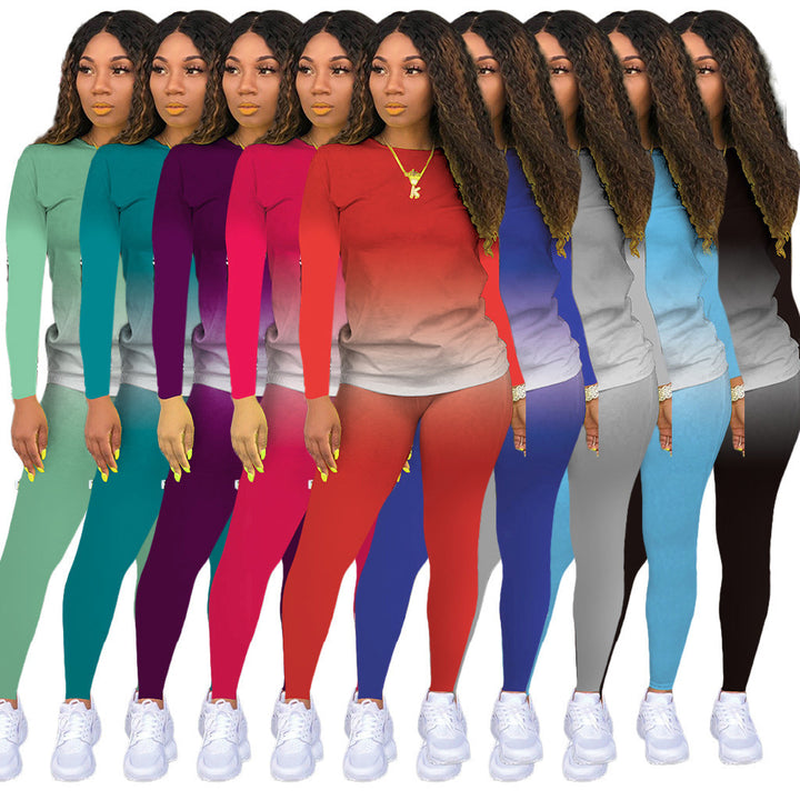 Damen Sportliches zweiteiliges Set mit Langarm-Ombre-Shirt und Highwaist-Leggings Drune