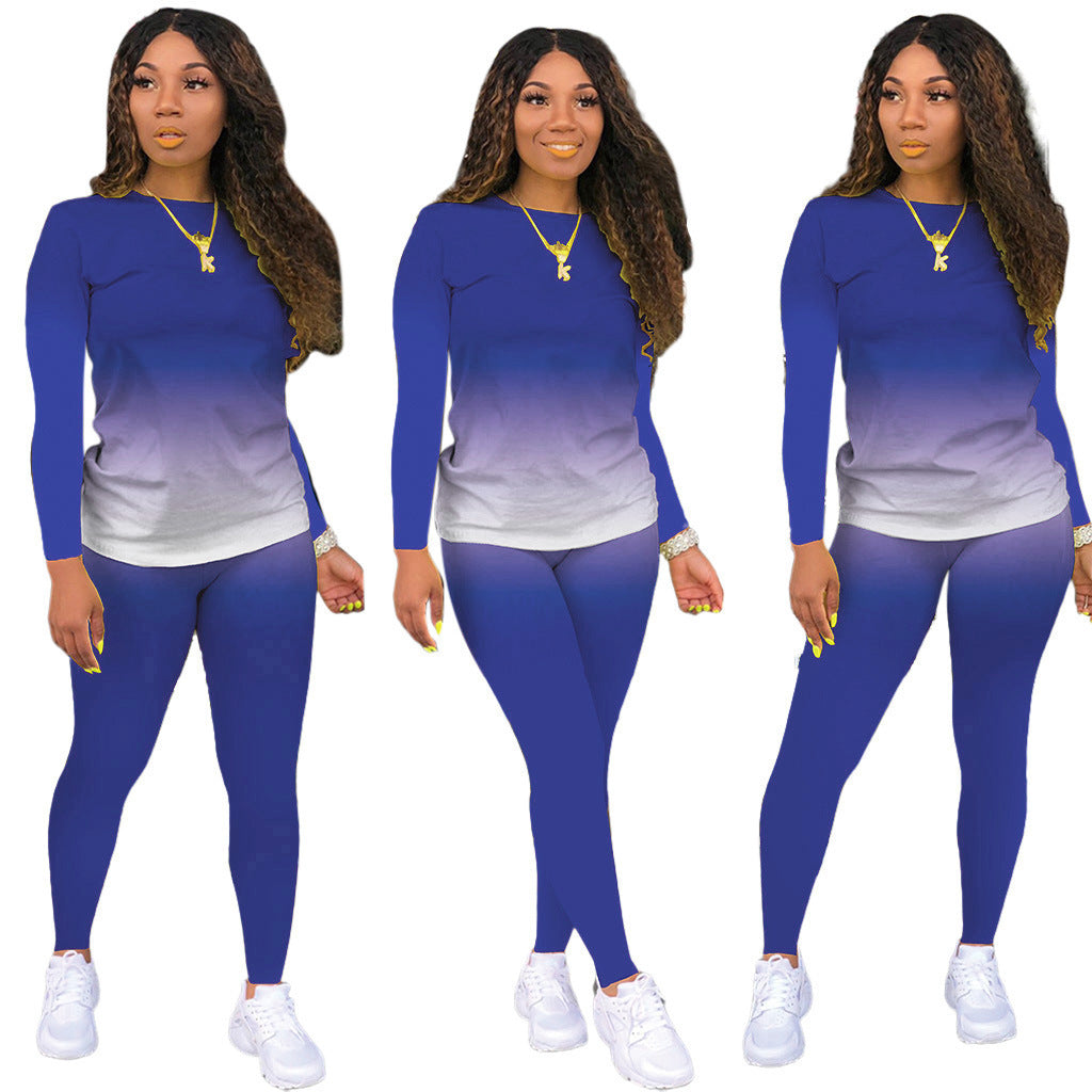 Damen Sportliches zweiteiliges Set mit Langarm-Ombre-Shirt und Highwaist-Leggings Drune