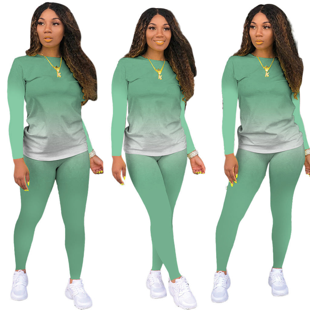Damen Sportliches zweiteiliges Set mit Langarm-Ombre-Shirt und Highwaist-Leggings Drune