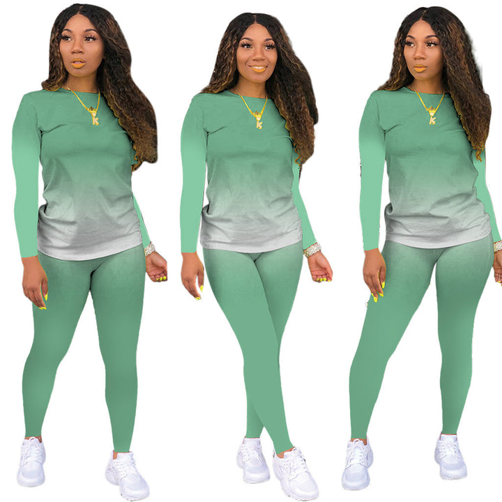 Damen Sportliches zweiteiliges Set mit Langarm-Ombre-Shirt und Highwaist-Leggings Drune