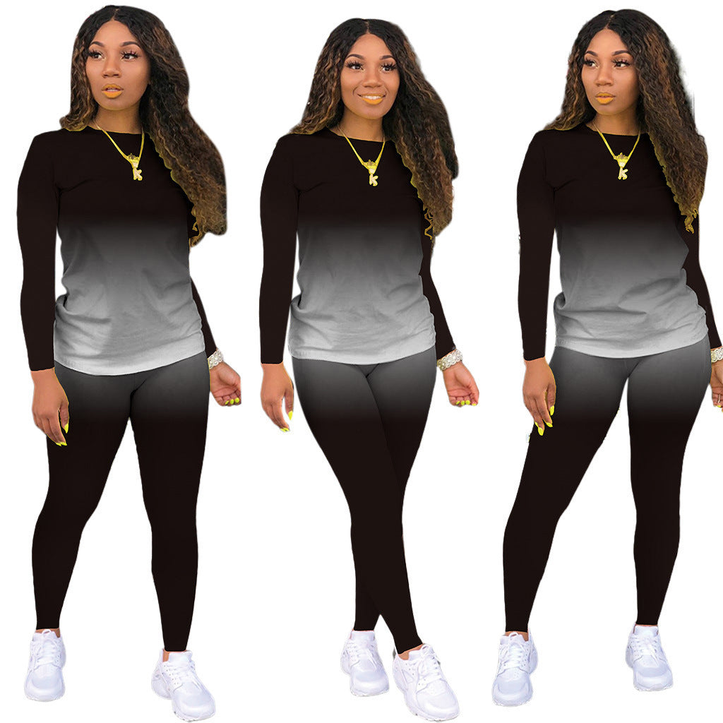 Damen Sportliches zweiteiliges Set mit Langarm-Ombre-Shirt und Highwaist-Leggings Drune