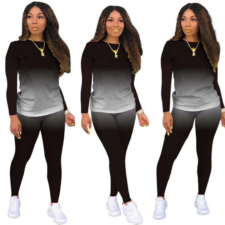 Damen Sportliches zweiteiliges Set mit Langarm-Ombre-Shirt und Highwaist-Leggings Drune