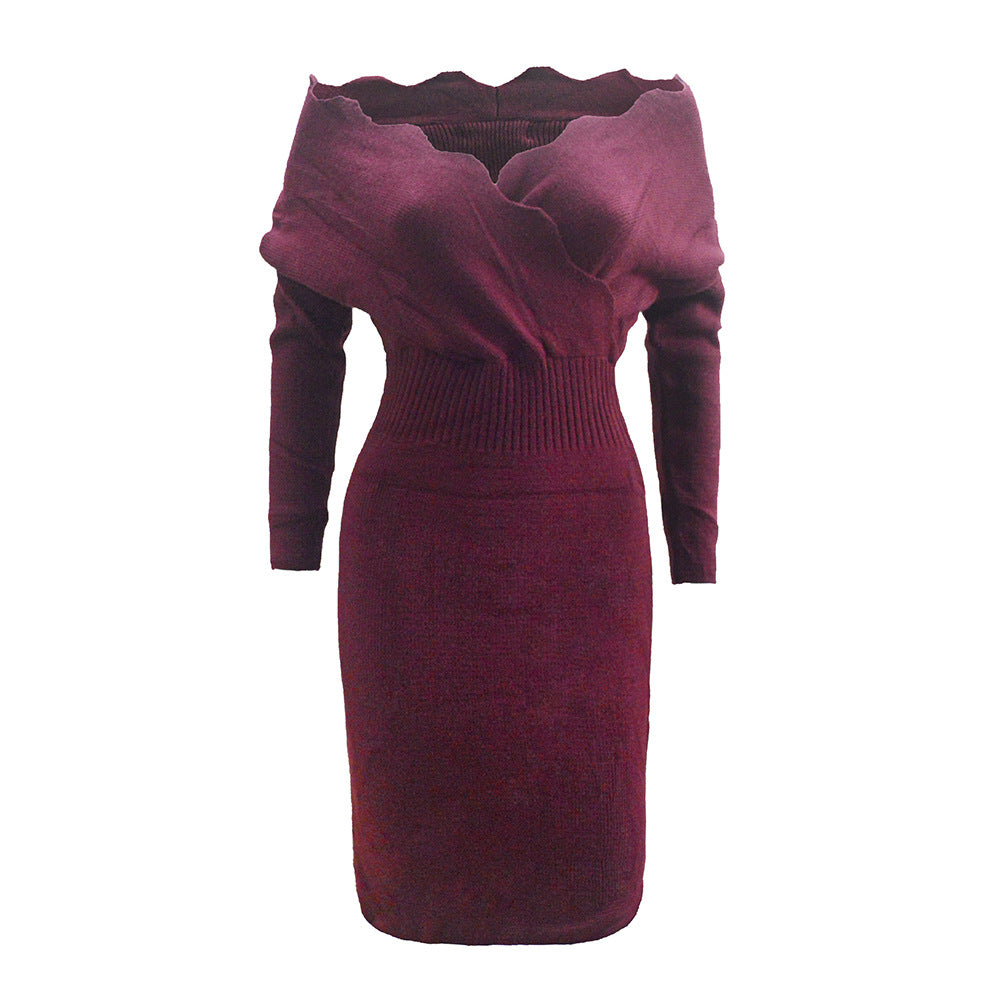 Damen Figurbetontes Strick-Midikleid mit Carmen‑Ausschnitt, tailliertem Rippbund & langen Ärmeln Drune