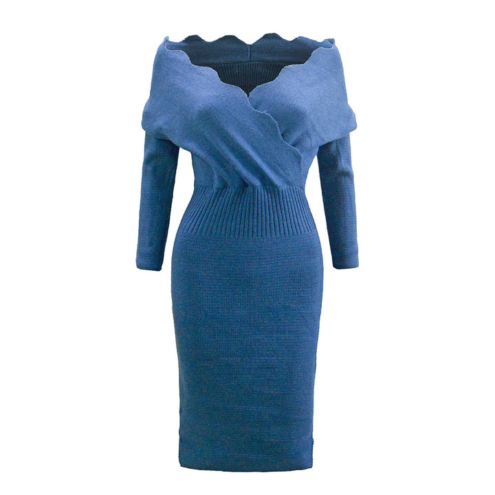 Damen Figurbetontes Strick-Midikleid mit Carmen‑Ausschnitt, tailliertem Rippbund & langen Ärmeln Drune