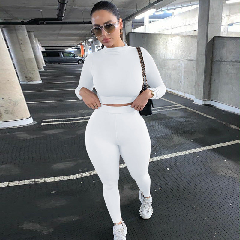 Damen Figurbetontes Sport-Zweiteiler-Set mit Langarm-Crop-Top und hochtaillierten Leggings Drune