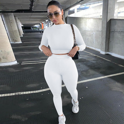 Damen Figurbetontes Sport-Zweiteiler-Set mit Langarm-Crop-Top und hochtaillierten Leggings Drune